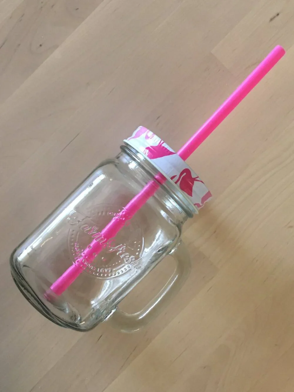 Mason Jar with Handle - Pink Flamingo Lid & Straw